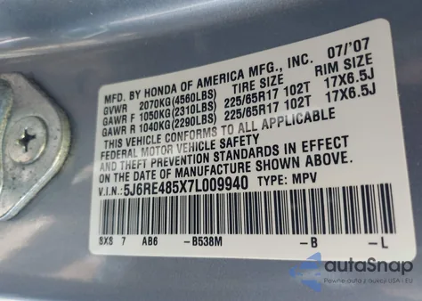 2007 Honda Cr-V Ex from USA, damaged, VIN 5J6RE485X7L009940